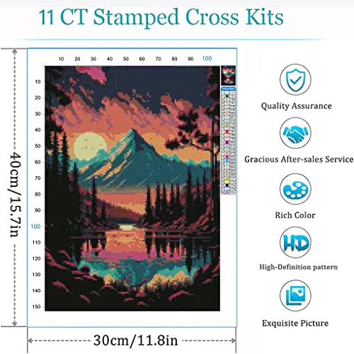 Stamped Cross Stitch Kits Beginners Moon Mountains Cross Stitch Kits For Adults Needlepoint 11Ct Diy Counted Embroidery Arts And Crafts Kits For Home Decor 12X16Inch #TOP2
