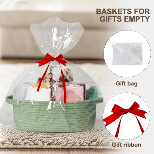 Image of Small Baskets for Gifts Empty, 13 inchx 9 inchx 5 inch Woven Gift Basket with Bag and Ribbon, Cotton Rope Kids Dog Cat Toy Bin Box, Cute Baby Nursery Organizer, Decorative Storage with Handles, Green