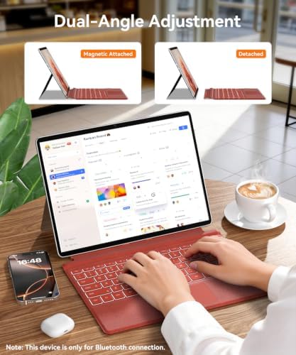 Surface Pro Keyboard, Wireless Ergonomic Type Cover for Microsoft Surface Pro 7 Plus 7/6/5/4/3 12.3 inch, Ultra-Slim Portable Magnetic Bluetooth Keyboard with 7 Color Backlit, Trackpad Red - 2