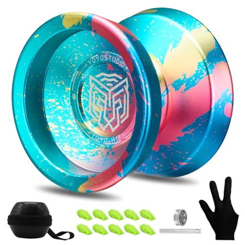 YOYOSTUDIO Dual Purpose Yoyo H17, Responsive & Unresponsive Yoyo, Metal Yoyos for Kids 8-12, Professional Yo yo for Adults with Bearing Kit, 10 Yo-Yo String, Case & Glove (Cyan Pink Yellow)