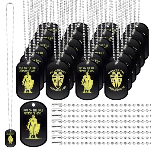 Wonderjune 30 Pack Put on The Whole Armor Dog Tag Necklaces Acrylic Military Knight Pendant Necklace for Men Women Christian Party Favors Bible Gifts 30 Pcs of of God Dog Tags 30 Pcs Beaded Chains