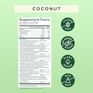 Bloom Super Greens Powder Coconut (60 Servings) Combines Probiotics, Digestive Enzymes, Spirulina, and Chlorella to Support Women’s Gut Health, Ease Bloating, and Promote Healthy Digestion Naturally