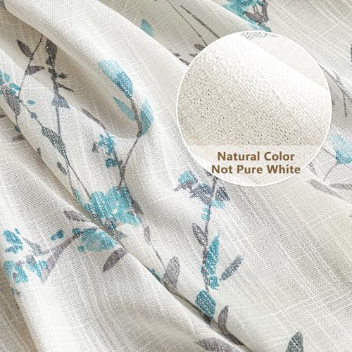 Image of MYSKY HOME Floral Sheer Curtains 63 Inch Long Linen Blended 2 Panels Teal | Bedroom Living /Dining Room Floral Light Filtering Curtains Patterned Privacy Protect Farmhouse Window Treatment 50 inch W
