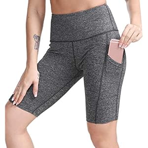 TYUIO High Waist Gym Fitness Running Shorts Above Knee Pockets for Yoga Workout Bike Grey XL