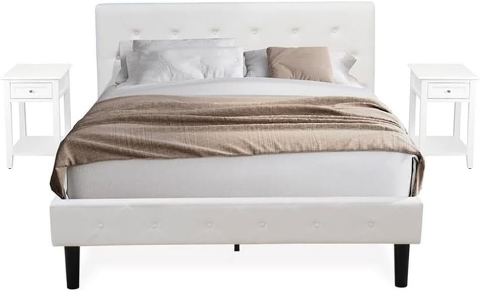 East West Furniture NL19Q-2DE05 3 Piece Bedroom Set - Queen Button Tufted Bed - Linen white Velvet Fabric and Upholstered Headboard and a Linen white Finish Nightstand