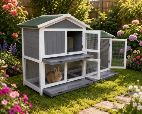 BUNNY BUSINESS The Grove Grey Double Decker Rabbit/Guinea Pig Hutch and Run EXTRA DEPTH WITH FLOOR (GREY GROVE NO COVER)