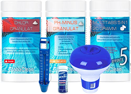 GlobaClean Pool Starter-Set 6 TLG Wasserpflege mit Pool Chlor-Granulat, PH Minus, Multitabs, Dosierschwimmer, Thermometer, Wasser-Teststreifen Cover