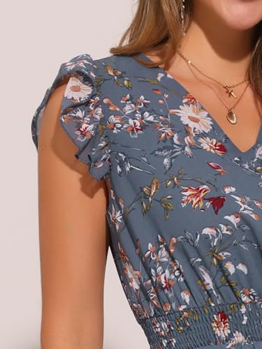 Image of Allegra K Women's Floral Dress Spring Summer V Neck Flutter Sleeve Ruffle Casual Smocked Knee Length Dresses