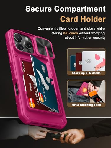 Image of Vihibii PC,Silicone For iPhone 16 Pro Max Case Wallet With Card Holder(4 Cards)[RFID Blocking] & Slide Camera Cover & Raised Edges Protect Screen,Shockproof Rugged 6.9 inch 2024,Pink