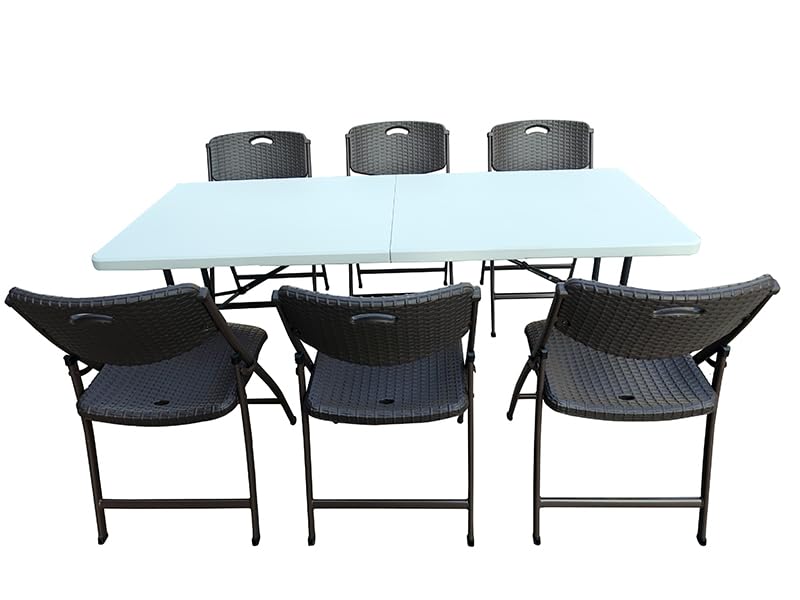 'Amaze' (6' x 2.5') Foldable Portable 6-Seater Dining White Table Set with 6 Foldable Rattan Black Chairs | Easy to Carry, Space Saving | Ideal for Garden, Patio, Events(Color-White & Brown)-image-29