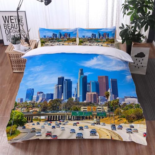 Los Angeles 3 Pieces Bedding Set Duvet Cover Skyline of Los Angeles with Freeway Traffic Soft and Lightweight Duvet Covers Set for All Seasons King