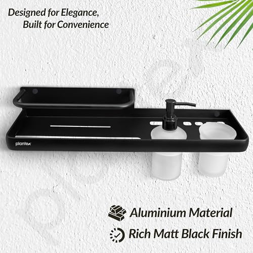 Image of Plantex 4 in 1Shelf for Bathroom /Aluminium Bathroom Shelf Rack /Self Adhesive Bathroom Shelf /Liquid Soap Dispenser /Tooth Brush Holder /Towel Hanger Space /Bathroom Accessories Set-(Pack-1, Black)