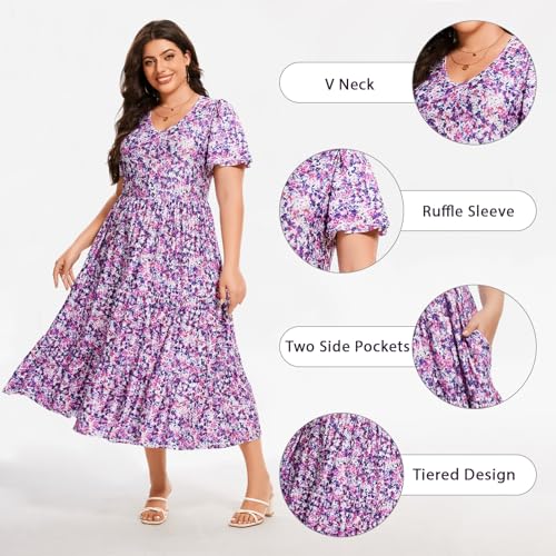 Women's 2025 Plus Size Casual Dress Floral Tiered V-Neck Aline Short Sleeve Summer Maxi Dresses with Pockets4