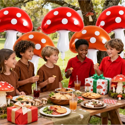 Image of Vuzvuv 30 Inches Red Brown Foil Mushroom Balloons Set, Video Game Mushrooms Party Decoration for Birthday, Theme Parties, Spring Holiday Picnic, Forest Plant Theme Decor（6Pcs）