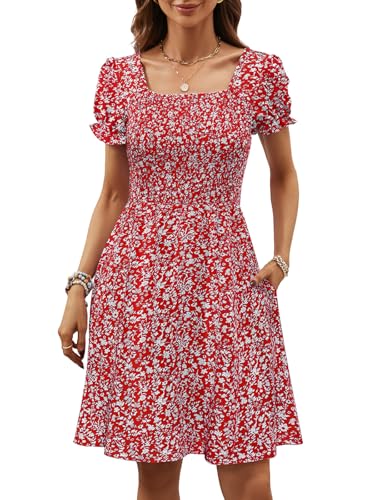 Image of Berydress Women's Summer Dresses 2026 Pockets Short Sleeve Square Neck Flowy A Line Casual Boho Smocked Mini Sun Dress