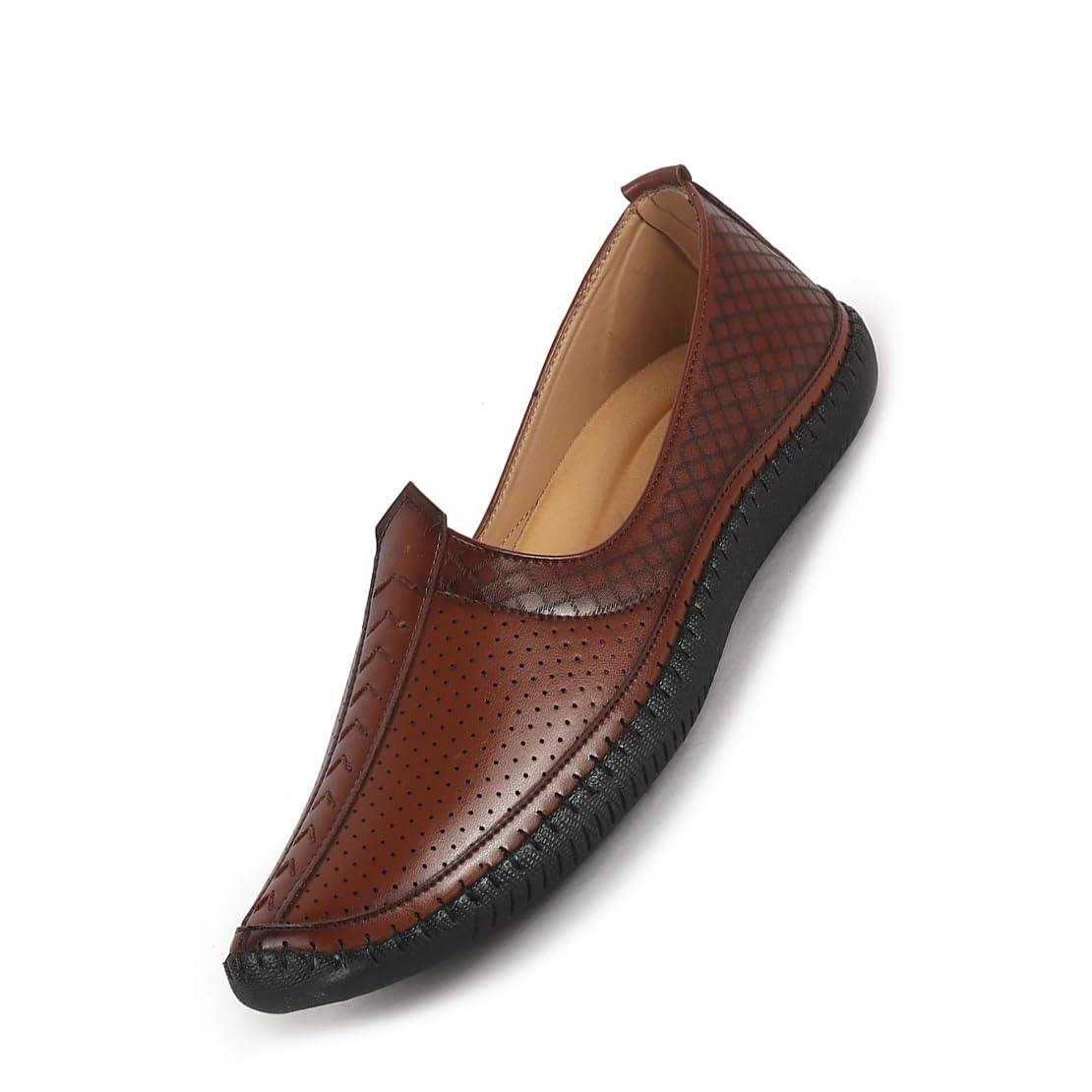 Men Perforated Side Stitched Ethnic Round Toe Juttis and Mojaris for Wedding | Flexible Anti Skid Sole | Prom Slip On Shoes for Pathani Festive Kurta-image-17