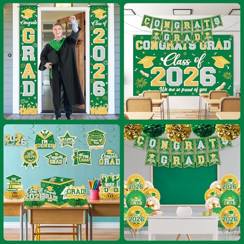 Image of Graduation Decorations Class of 2026 Green and Gold Graduation Decorations with Congrats Grad Banner,Backdrop,Porch Sign,Balloons,Hanging Swirls,Honeycomb Centerpieces,Box for Graduation Party Decor
