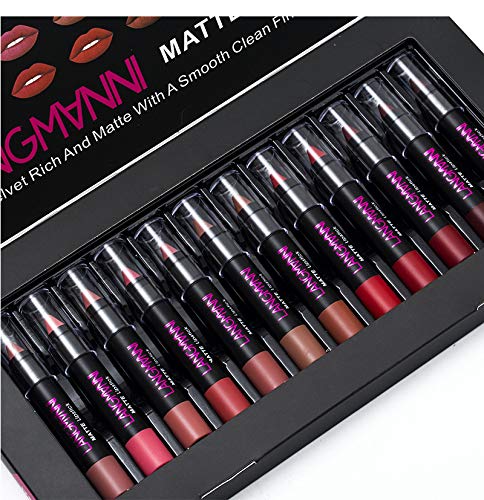 Petansy 15Pcs Lip Liner and Lipstick Set, 7 Colors Lip Liner Pencil + 5 Colors Liquid Nude Lipstick + 2 Colors Matte Shimmer Lipstick + 1Pcs Lip Plumper Makeup Set Long Lasting Waterproof Lipsticks Gift Set (A)