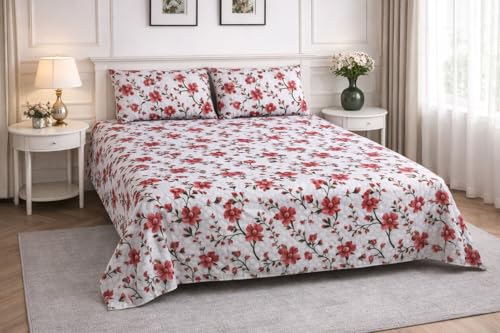 Image of Skyla 7D Bedsheet Double Bed Super King Size with 2 Pillow Covers | Size 108 x 108 Inch | 260 TC Cotton Floral Breathable | Super Soft Printed Bedsheet (Floral Vines)