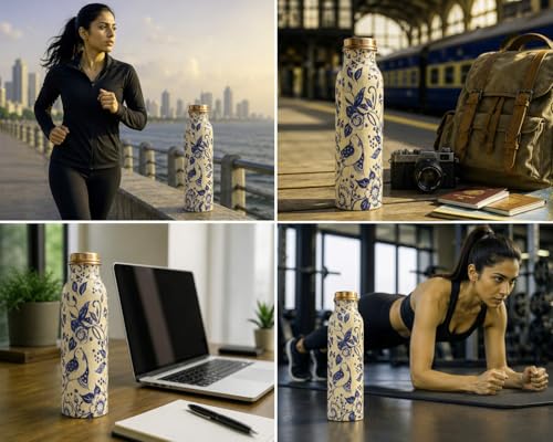 Image of Pure Copper Water Bottle - Handcrafted - Ayurveda health benefits - Large 1000 ml - Leak proof, Easy to carry for Sports, Fitness, Yoga, School- White Base Indigo Blue Floral Textured Enamel