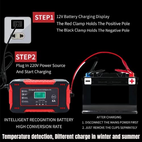 Image of Ash & Roh 12V 6A Intelligent Car Battery Charger with LCD Display | Automatic Temperature Detection | Pulse Repair | Lead Acid Battery Charger for Car & Bike (12V 2Ah-100Ah)-6 Month Warranty