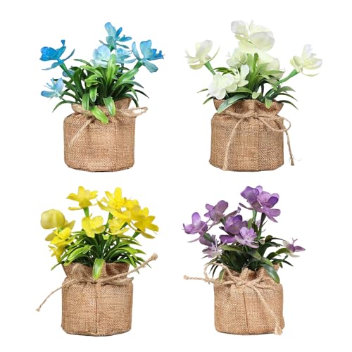 Luckwaii Flores artificiales decorativas en bolsa de yute, 4 unidades de plantas artificiales, pequeñas flores artificiales en maceta, plantas artificiales, bonsáis artificiales, orquídeas