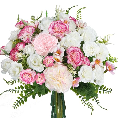 Luabue Flores Rosadas Artificiales Decoracion Incluye Claveles Rosados y Rosas Blancas con Hortensias de Agua y Helechos Ramo Artificial para Boda San Valentín Día de la Madre