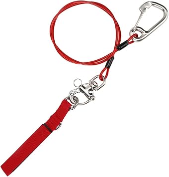 Freediving Lanyard 316 Pro Stainless Steel Safety Rope with Wristband for Dive Safety, Red