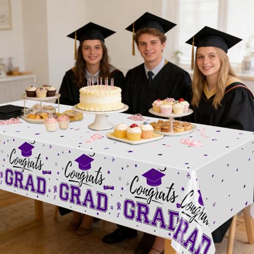 Image of Oigco 2026 Graduation Decorations, 2 Pack Purple Graduation Tablecloths Class of 2026, Congrats Grad Plastic Table Cloths for Graduation Party Decorations, 54 x 108 Inch