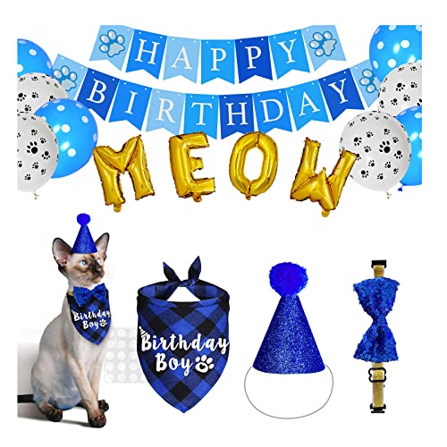 Cat-Birthday-Party-Supplies-Cat-Birthday-Collar-Bandana-Cat-Birthday-Hat-Bow-Tie-Birthday-Number-Cat-Birthday-Banner-Balloons-Meow-Letter-Balloons-for-Cat-Kitten-Birthday-Outfit-Decorations