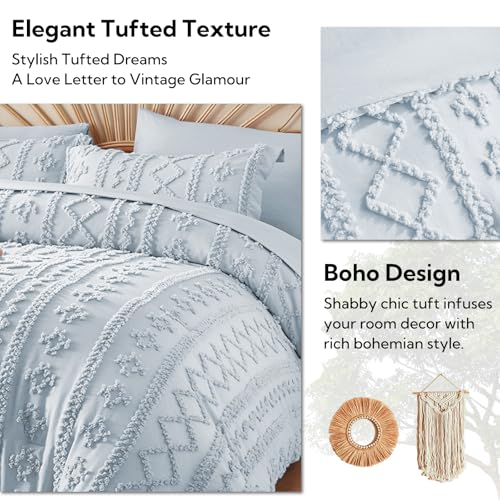 Image of MR&HM Dusty Blue Boho Comforter Set Queen, Tufted Boho Bedding Set, Farmhouse Shabby Chic Bed in a Bag with 1 Comforter, 2 Pillow Shams, 2 Pillowcases, 1 Flat Sheet, 1 Fitted Sheet for All Seasons