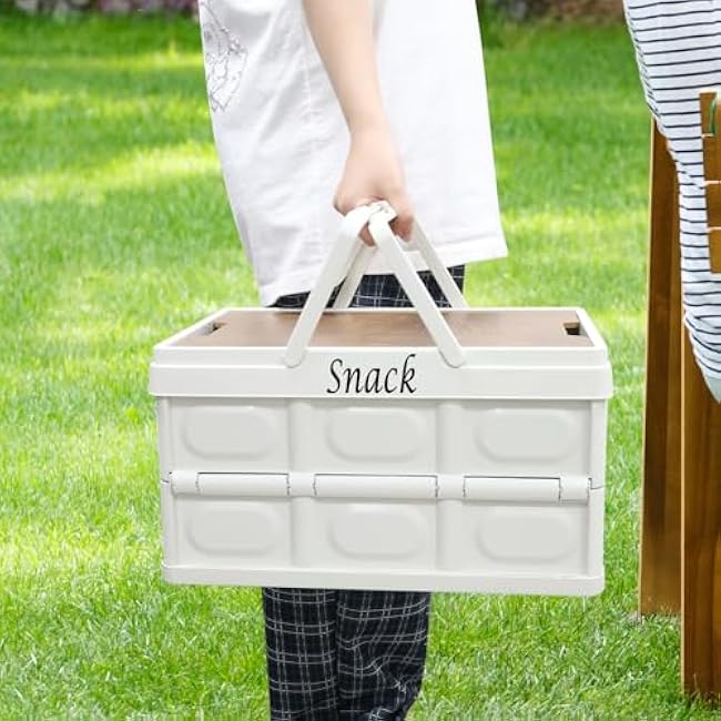 Foldable Snack Organizer, Large Snack Containers with Wooden Lid & Handles, Snack Bin Holder, Stackable Snack Storage for Snack Bar Station, Food Baskets for Car Trunk, RV Trip, Picnic