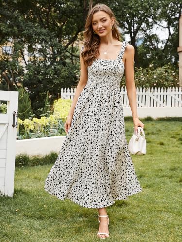 Image of BROVAVE Women Summer Floral Dress: Casual Square Neck Flowy Boho Beach Midi Sundress Sleeveless Tie Shoulder Vacation Daily