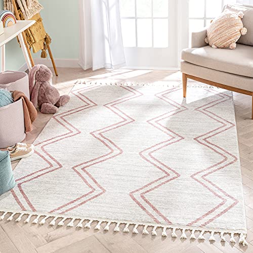 Image of Well Woven Merri Pink Ivory Geometric Stripes Pattern Stain-Resistant Area Rug 5x7 (5'3" x 7'3")