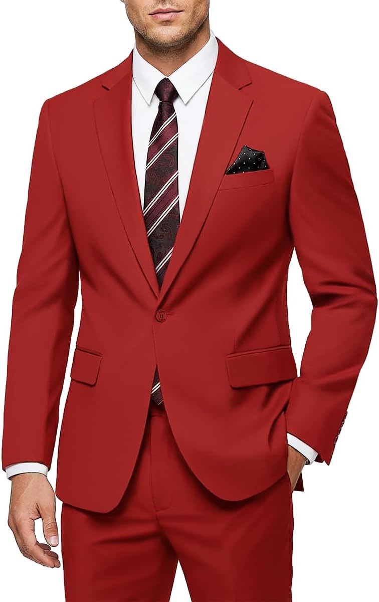 Men's 2 Piece Suit Slim Fit - One Button Jacket Pants with Tie and Pocket Square, Suits for Men Wedding Business Party