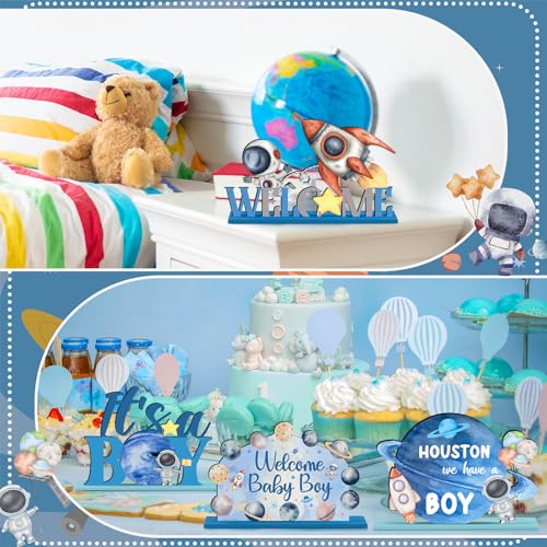 Image of Realspring 6 Pcs Space Baby Shower Wooden Table Decorations for Boy Themed Planet Astronaut Space Party Centerpieces Sign Home Decoration for It's a Boy Baby Shower Birthday Party Supplies