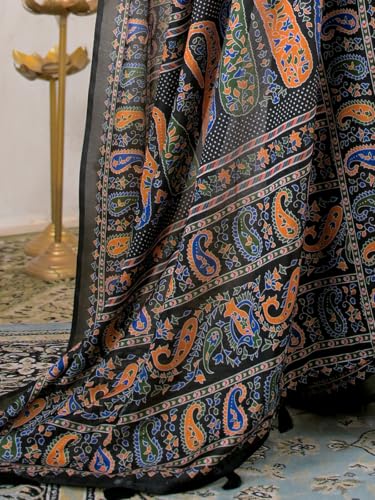 Image of SIRIL Women's Printed Silk Saree with Zari Border & Tassels