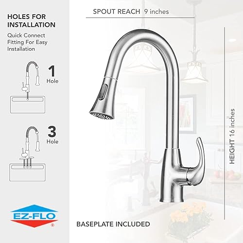 Miniatura 11 de EZ-Flo 10723 - Grifo de cocina de arco alto con pulverizador extraíble, instalación de montaje en cubierta de 1 o 3 agujeros, níquel cepillado, 10723