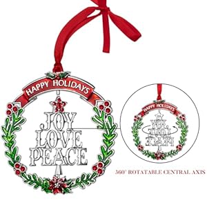 Christmas Ornament Metal Silver Rotating Hanging Design Charm Holiday Tree Decorative Pendant Gift Rotatable Keepsake Home Decor with Luxurious Silk Ribbon Floral Style Rotation Joy Love Peace