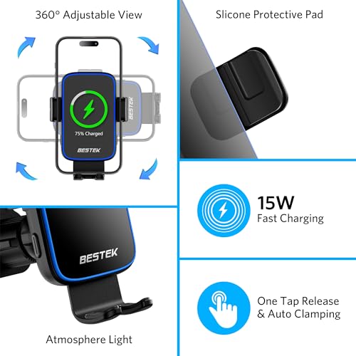 Carregador de carro sem fio, BESTEK 15 W, carregamento rápido, suporte de telefone automotivo com ca