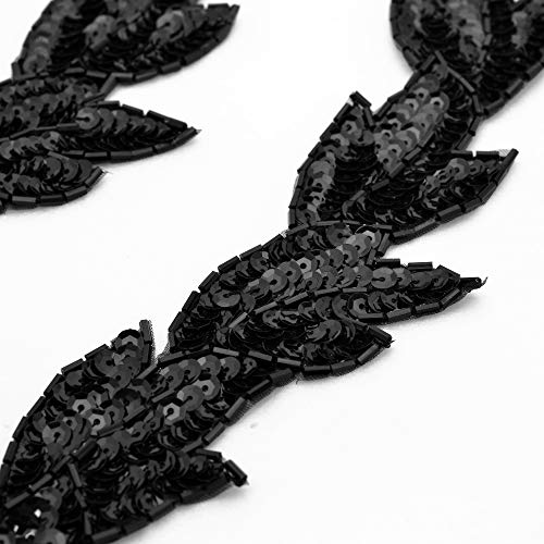 2-Pcs 8-1/2" Sequin & Beaded Leaf Patch Applique Patch, Ff-Ff511 (Black) #TOP1