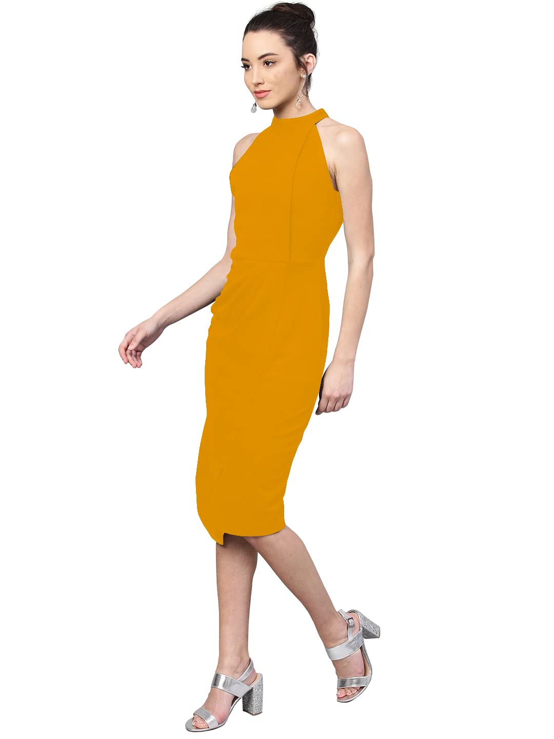 Shasmi Polyester Blend Bodycon Knee-Length Women's Elegant Halter Neck Pleated Flounce Sleeveless Midi Dress (Dresses For Tops_Mustard Yellow_L)