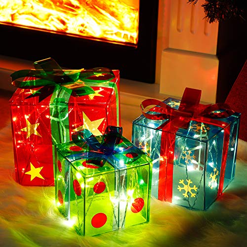 ATDAWN Set Of 3 Lighted Gift Boxes Christmas Decorations