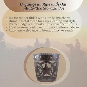 BestGiftEver Rustic Wastebasket with Star Design Metal Mesh Copper Finish Wastebasket for Western Bathroom Decor Lodge Cabin Style Rustic Home Accessories Rustic Trash Can for Country Homes