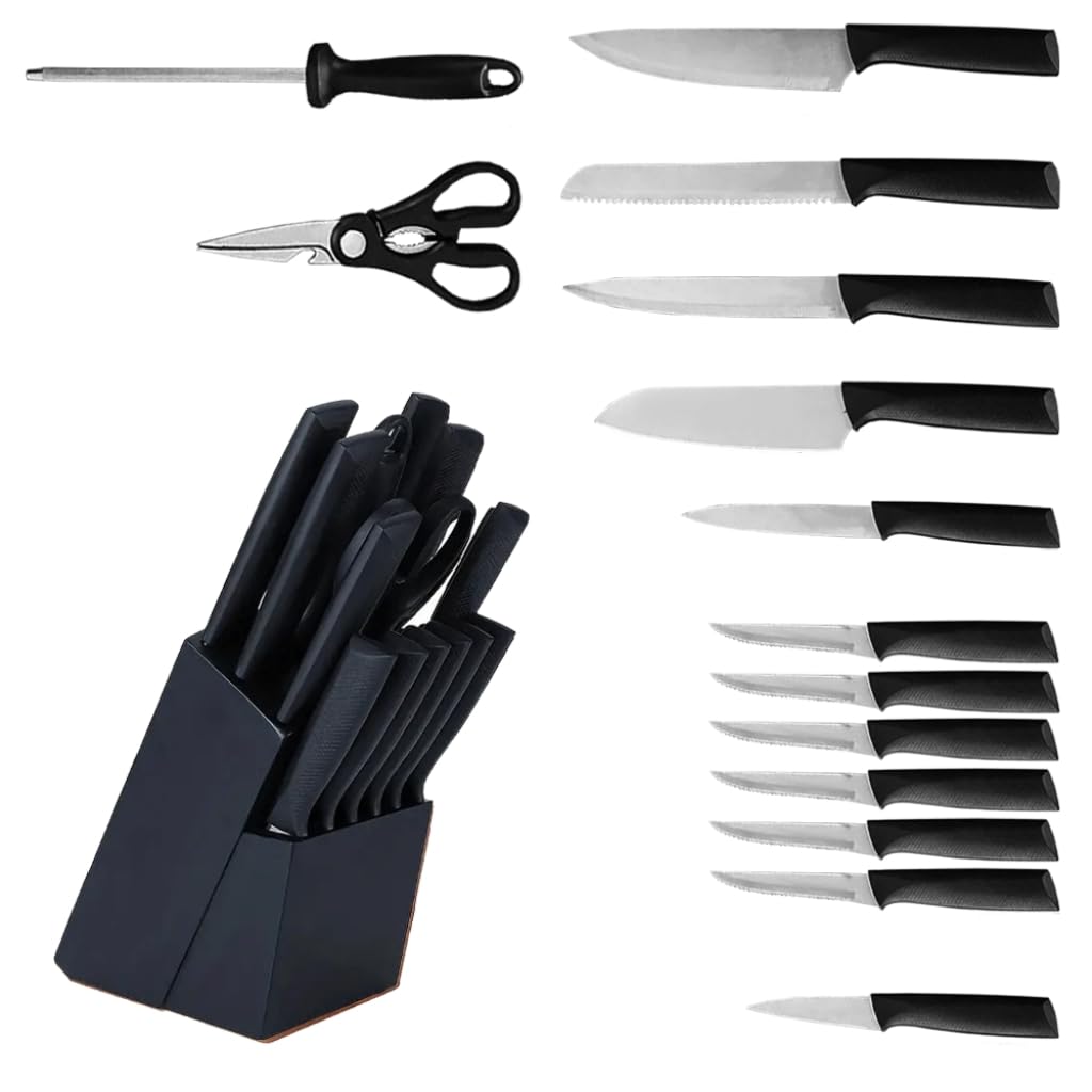 Knife Set 15 Pieces Kitchen knives Set with Built-in Sharpener Stainless Steel Chef Knife Block Sets Sharp Rust