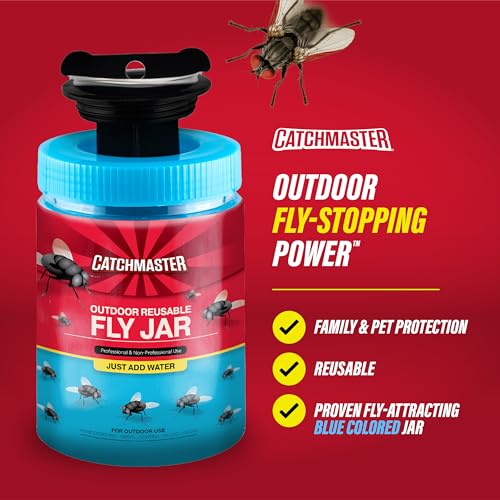 Catchmaster Fly Traps Outdoor 3-Pack with Airlock Lid for No-Mess Disposal, Pesticide-Free Hanging Fly Jars, Reusable Bug Catchers for Yard, Patio & Trash, Sets Up in Seconds