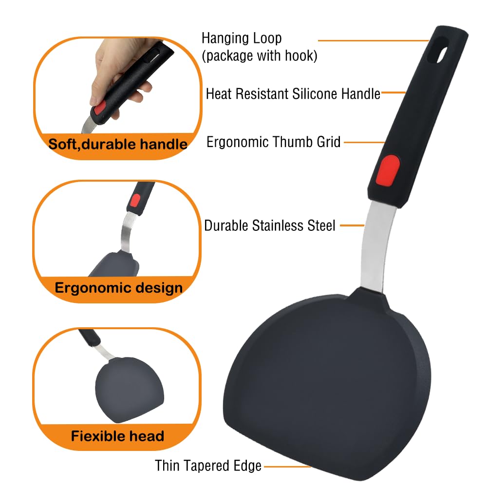 Espátula de silicona para panqueques, espátula ancha de silicona con mango alargado, resistente al calor hasta 315.6 °C, para utensilios de cocina antiadherentes, utensilios de cocina grandes y