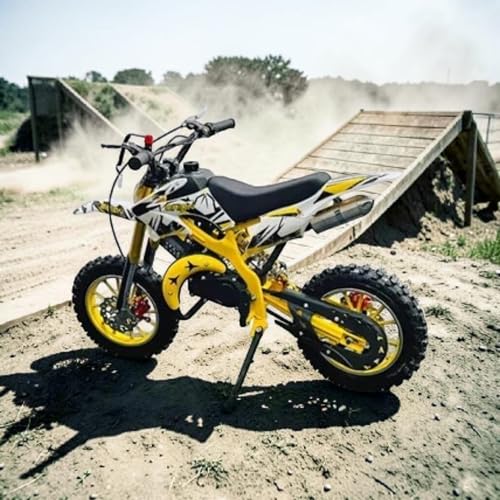Image of Amaze ZR Super 50cc Petrol Dirt Bike for Kids | 2 Stroke Mini Off Road Bike | Dual Start | Disc Brake | Rear Suspension | Max Speed 45 km /h | Kids Mini Motorcycle (Multicolor Chassis) (Yellow)