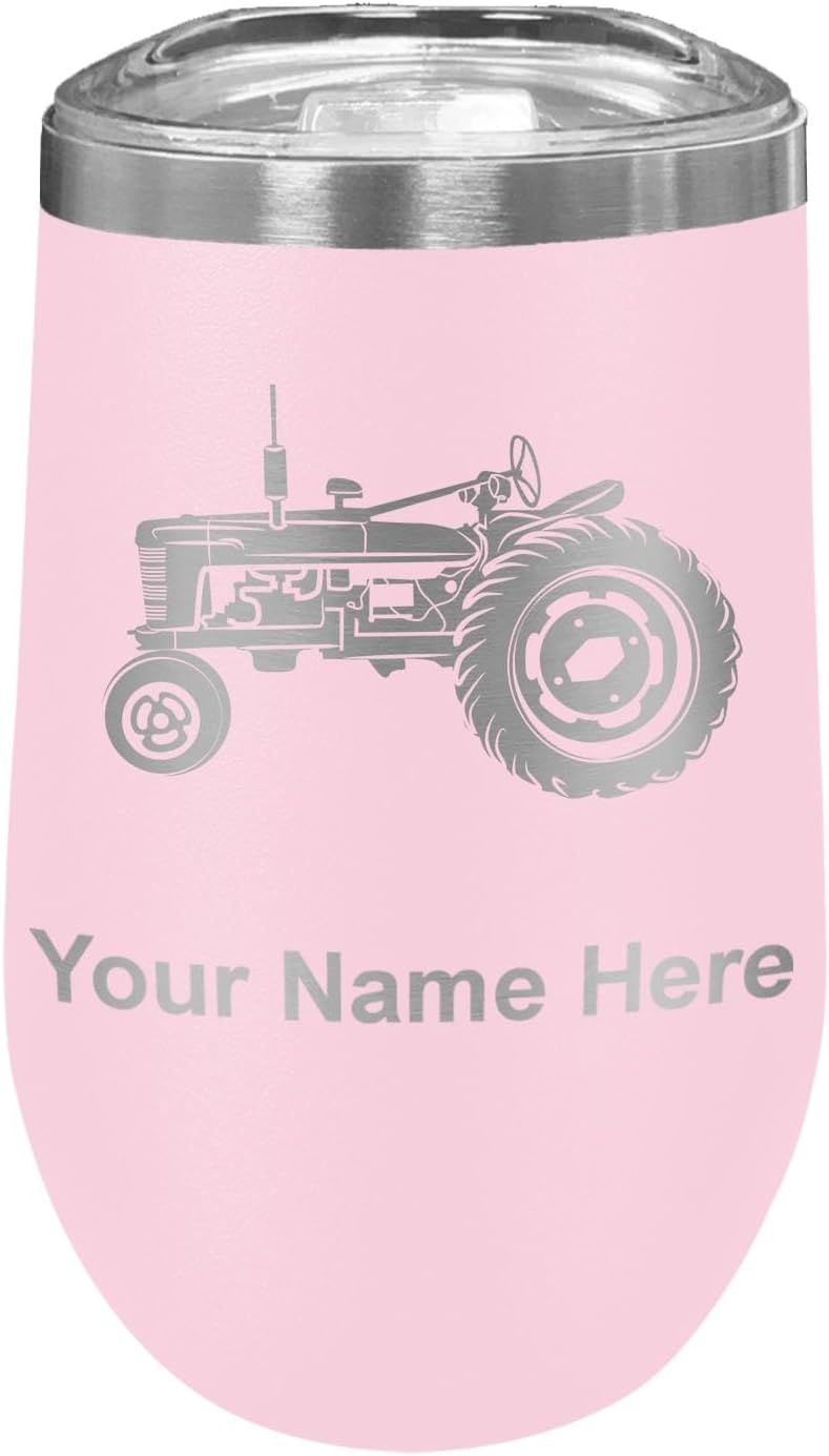 LaserGram 16oz Double Wall Stainless Steel Wine Glass Tumbler, Old Farm Tractor, Personalized Engraving Included (Yellow)