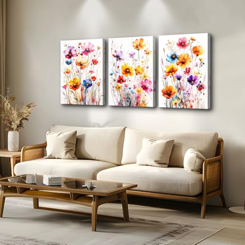 DZRWUBHS Watercolour Floral Wall Art for Living Room Canvas Wall Decor for Bedroom Modern Family Decor Flowers Posters Vintage Wildflower Pictures Print Paintings Artwork Home Decoration 3 Piece